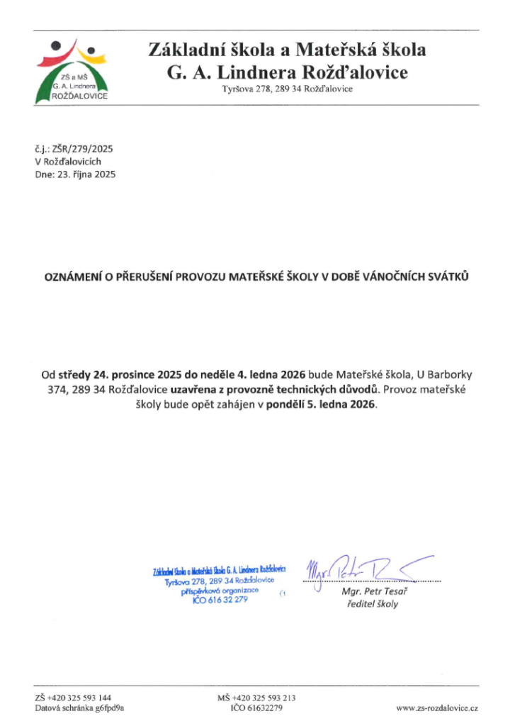 Oznámení o přerušení provozu MŠ - Vánoce 2025